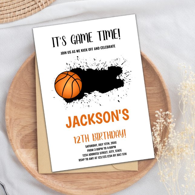 Cartão de Partido para Rapazes Editáveis com Tinta (Black Ink Basketball Birthday Invitations)