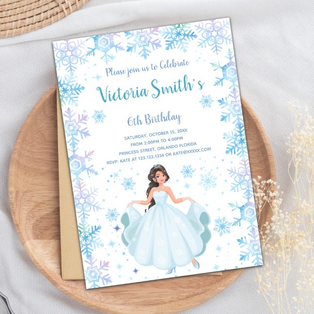 Cartão de Partido Real de Inspiração Congelada (Winter Snow Falk Princess Birthday Invitations)