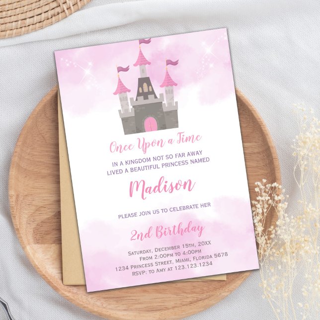 Cartão de Partido Real para Raparigas (Pink Gray Castle Princess Birthday Invitations)