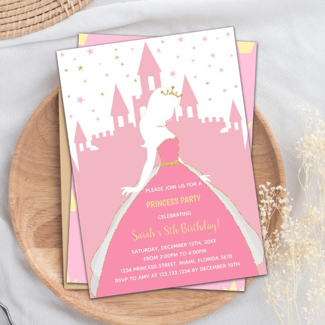 Cartão de Partido Real para Raparigas (Pink Princess Birthday Invitations)