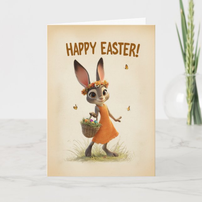 Cartão de Páscoa Bunny com Cesto de Primavera (Frente)