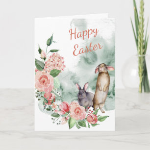 Cartão de Páscoa Coelhinhos Florais em Aquarela