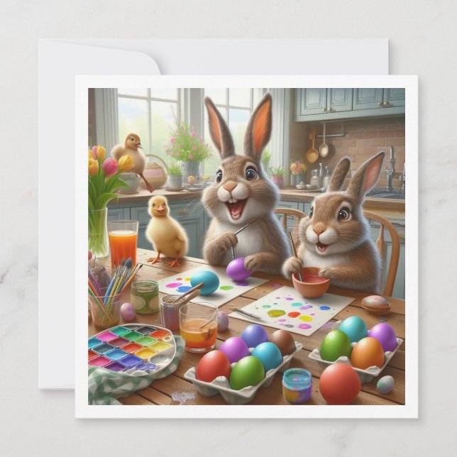 cartão de Páscoa, coelhos pintando ovos, convite d (Frente)