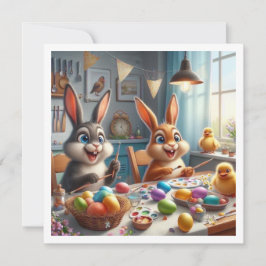 cartão de Páscoa, coelhos pintando ovos, convite d