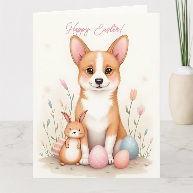 Cartão de páscoa com um cão-corgi em cores pastosa (Frente)