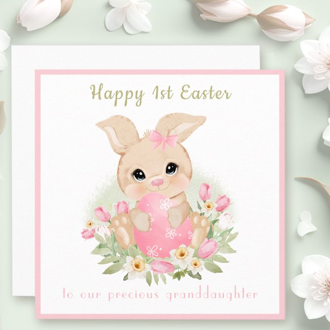 Cartão de Páscoa de 1 rua, Bonito e Bonito, Rosa (Pink Cute Bunny Granddaughter 1st Easter card)