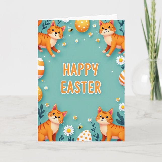 Cartão de Páscoa de Felinos Felizes de Primavera (Frente)