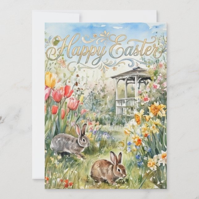 Cartão de Páscoa Flores de Primavera & Coelhos (Frente)