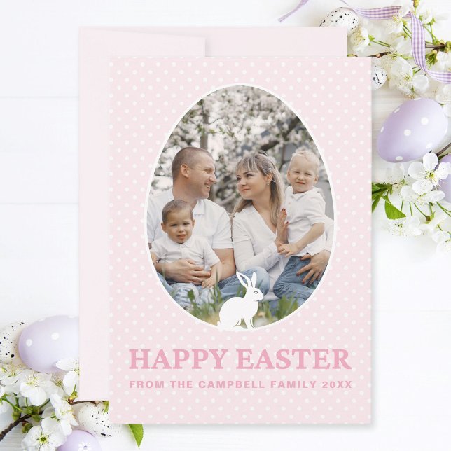 Cartão de Páscoa para Ovos Cor-de-Rosa Bonito (Modern Happy Easter family photo card with cute Easter bunny and text elements in baby pink.)