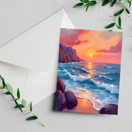 Cartão de pintura aquarela da praia com ondas do o