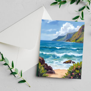 Cartão de pintura aquarela de ondas azuis da costa