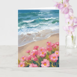 Cartão de Pintura Aquarela de Ondas de Praia com F
