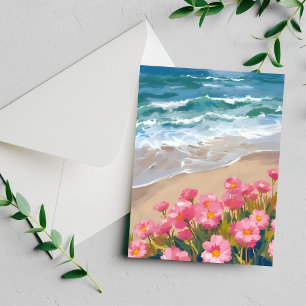 Cartão de Pintura Aquarela de Ondas de Praia com F