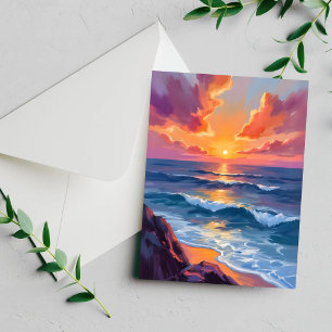 Cartão de Pintura aquarela do pôr do sol no oceano