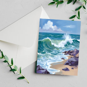 Cartão de Pintura Aquarela Ondas do Oceano Azul