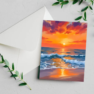 Cartão de Pintura da Praia do Oceano ao Pôr do Sol