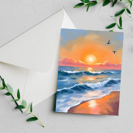 Cartão de pintura da praia em aquarela do pôr do s