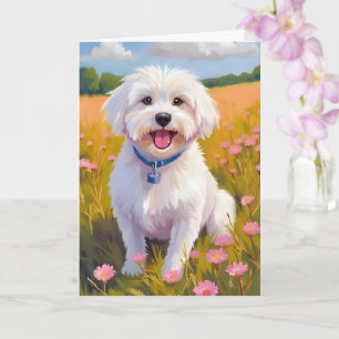 Cartão de Pintura de Cachorro Maltês em Campo de F