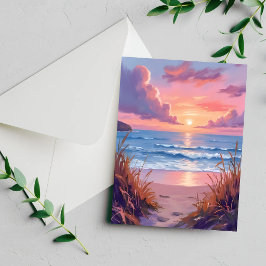 Cartão de pintura em aquarela da praia do pôr do s