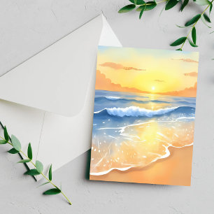 Cartão de pintura em aquarela da praia do pôr do s