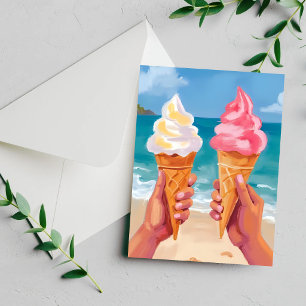 Cartão de pintura em aquarela de sorvete praia oce