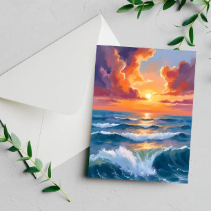 Cartão de Pintura em Aquarela do Oceano do Pôr do 