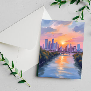Cartão de Pintura em Aquarela do Pôr do Sol da Pai
