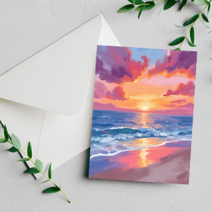 Cartão de pintura em aquarela do pôr do sol no oce