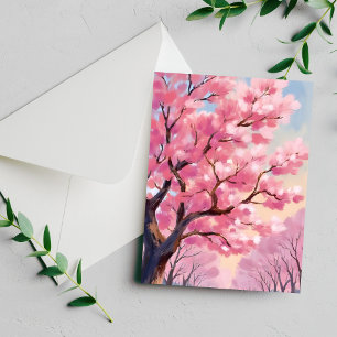 Cartão de Pintura Floral Rosa de Árvores de Cereje