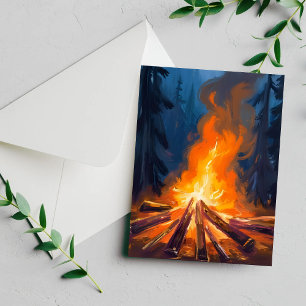 Cartão de Pintura Floresta Aquarela Fogueira