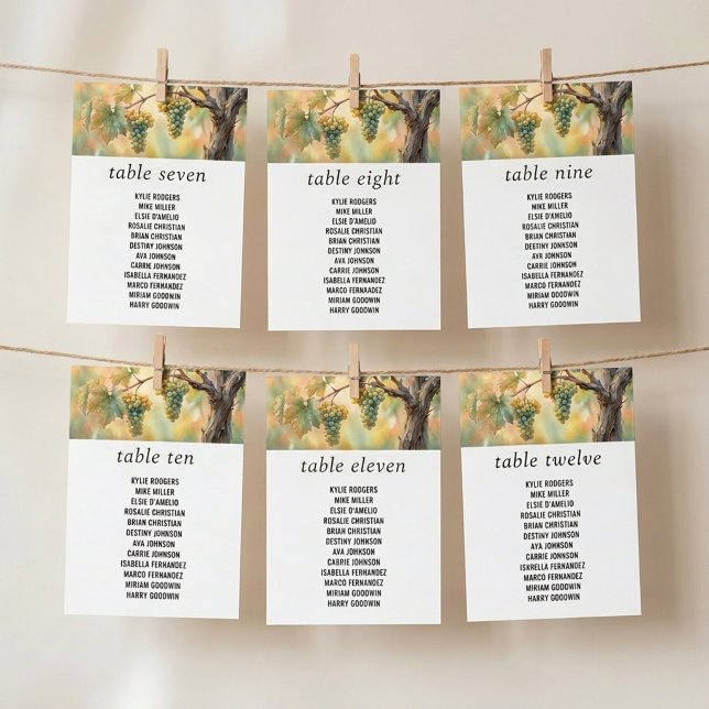 Cartão de Plano de Assentos com Uvas Rústicas do V (Seating Chart Cards from the Sunset Vineyard wedding collection by Darling & May)