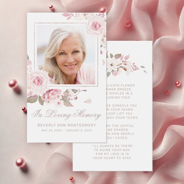 Cartão de Poema Fotográfico Floral Rosa Elegante R (Elegant Pink Rose Floral Photo Funeral Card with Poem)