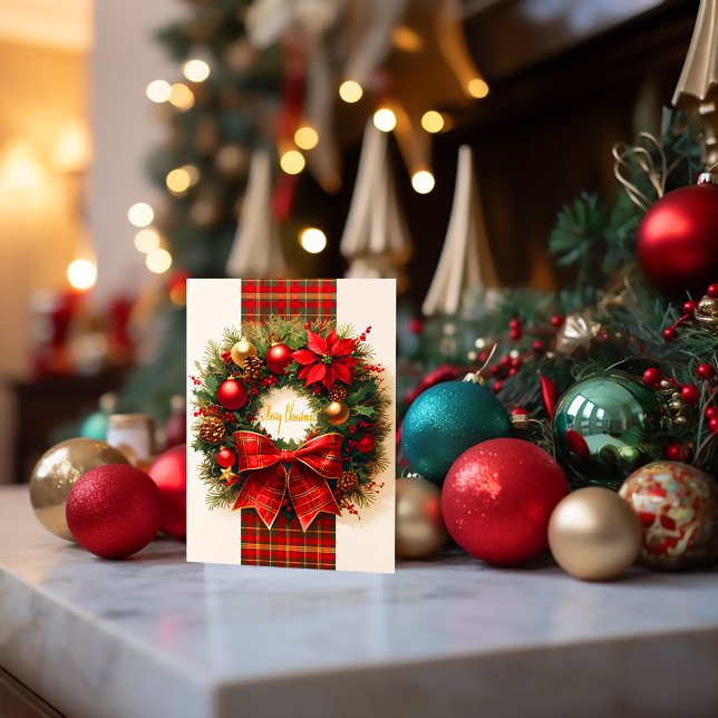 Cartão de Posto de Feriado de Férias de Natal da X (Classic Plaid Holiday Wreath Christmas Postcard)