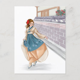 Cartão de posto de hanbok waring, menina coreana
