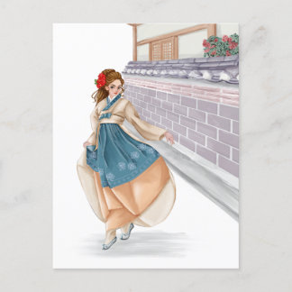 Cartão de posto de hanbok waring, menina coreana
