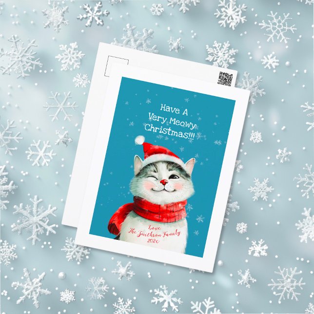 Cartão de Posto de Natal de Gato Bonito (Cute Cat Meowy Christmas Holiday Post Card)