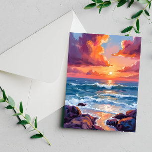 Cartão de Praia com Pôr do Sol Oceânico em Aquarel