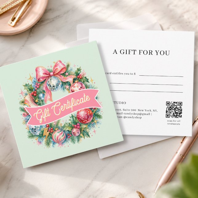 Cartão de Presente Código QR de Coroa de Natal Dis (Retro Disco Christmas Wreath QR Code Green Gift Certificate)