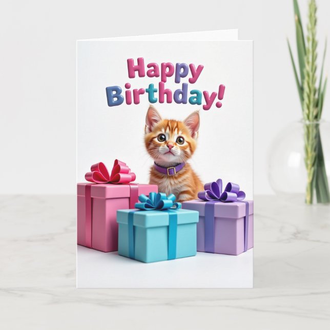 Cartão de Presente de Aniversário de Gatinho Adorá (Frente)
