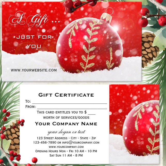 Cartão de Presente de Natal para Neve Reparada Red (A festive gift certificate featuring a red Christmas bauble with sparkling snow)