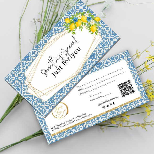 Cartão de Presente para Limão e Azulejo Azul do Me (Mediterranean Lemon & Blue Tile Gift Card #geometricframe#lemonfloral #bluetilegiftcard #rustic)