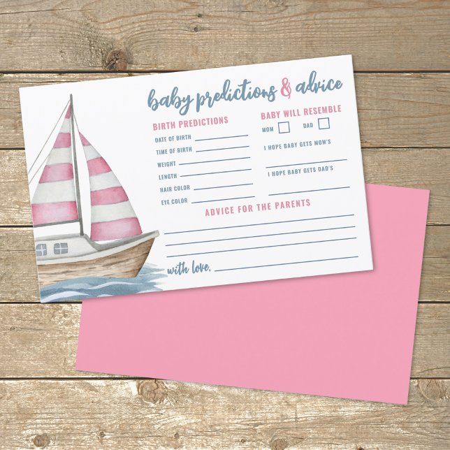 Cartão de Previsões de Conselhos Rosa para Chá de  (Nautical Baby Shower Pink Advice Predictions Card)