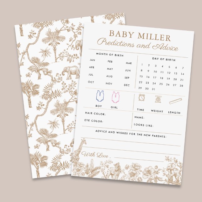 Cartão de Previsões e Conselhos de Chás de Bebê em (Beige Toile Baby Shower Predictions Advice Card)