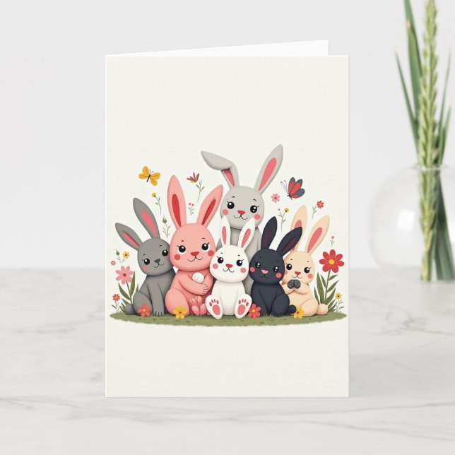 Cartão de Primavera com Coelhinhos Amigáveis (Frente)