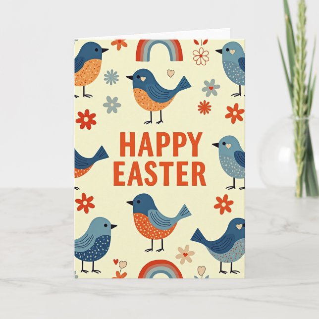 Cartão de Primavera com Pássaros Festivos (Frente)