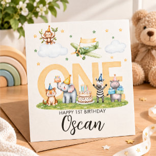 Cartão de primeiro aniversário com tema animal par