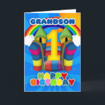 Cartão de primeiro aniversario do neto com castelo<br><div class="desc">Um cartão de primeiro aniversario feliz ensolarado com castelo bouncy</div>