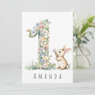 Cartão de Primeiro Aniversário Floral Um e Coelho