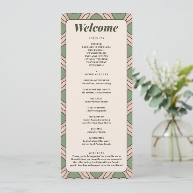Cartão de Programa de Casamento Art Déco em Verde  (Em pé/Frente)