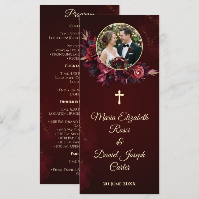 Cartão de Programa de Casamento Católico Floral Bo (Frente/Verso)